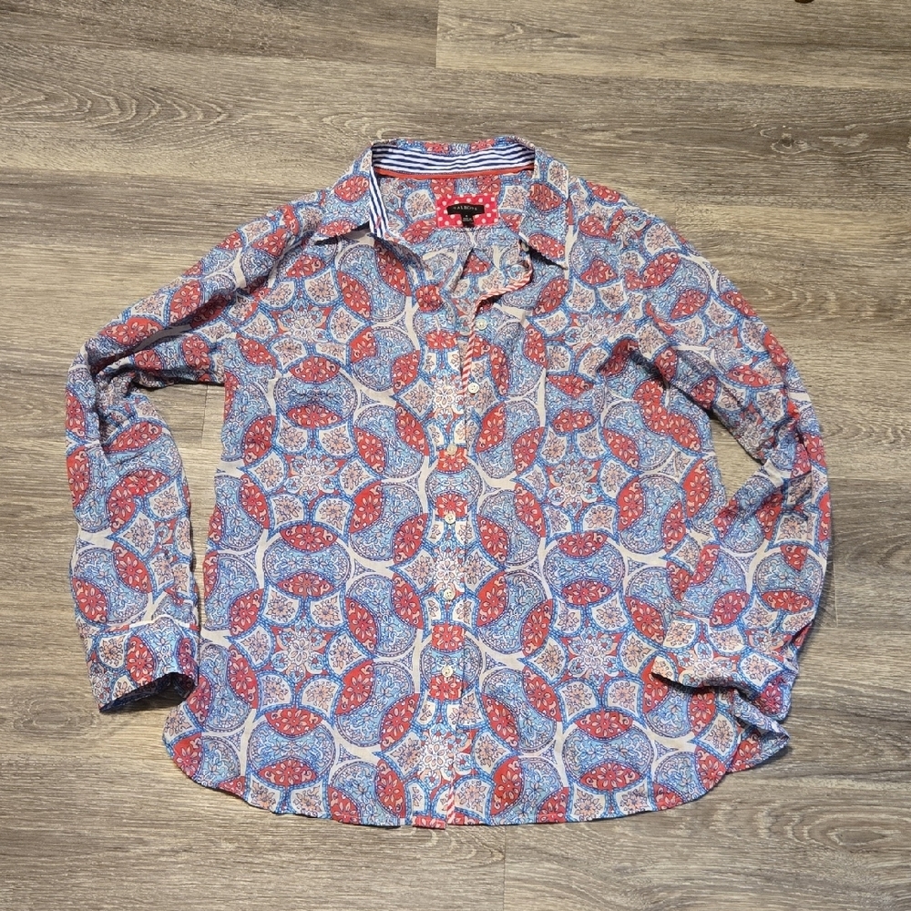 Talbots 100% Lightweight Cotton Medallion Print Button Front Top Size Small